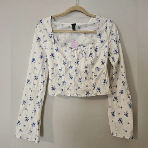 Wild Fable Women's Long Sleeve Cotton Milkmaid Top blue/white- sz large- nwt - Picture 4 of 10